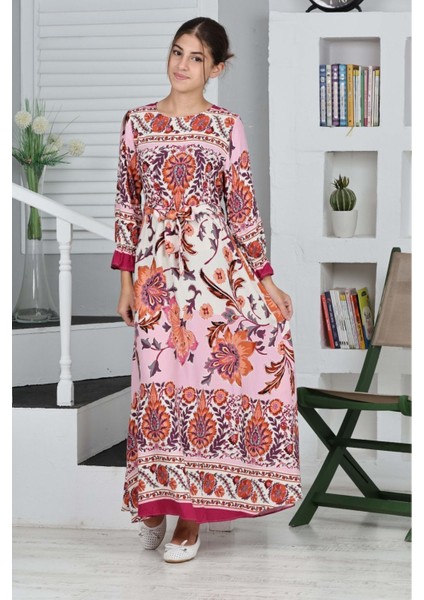 Çocuk Viskon Kumaş Desenli Uzun ELBISE-ELB-0019