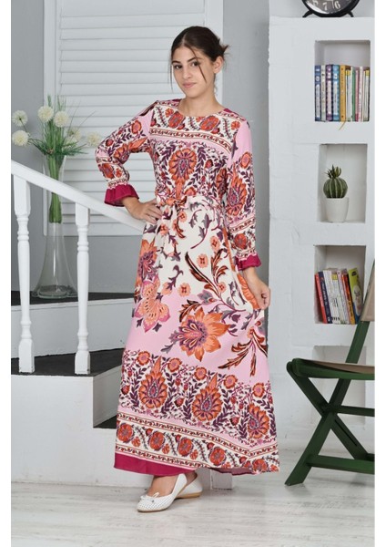 Çocuk Viskon Kumaş Desenli Uzun ELBISE-ELB-0019