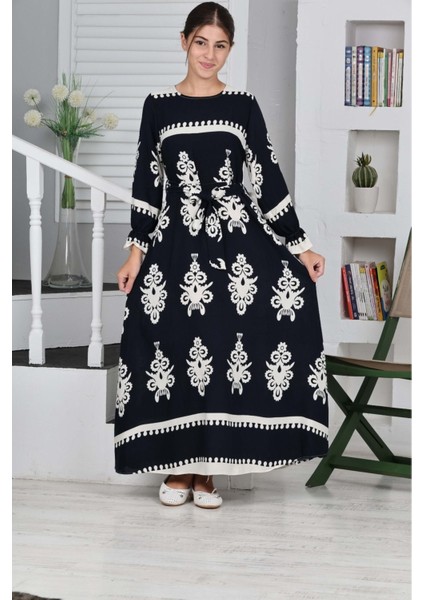 Çocuk Pamuklu Viskon Kumaş Desenli Uzun ELBISE-ELB-0017