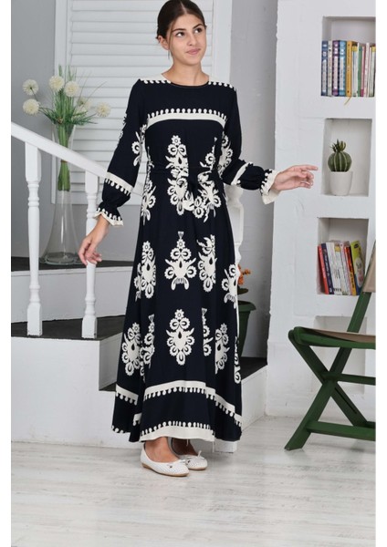 Çocuk Pamuklu Viskon Kumaş Desenli Uzun ELBISE-ELB-0017