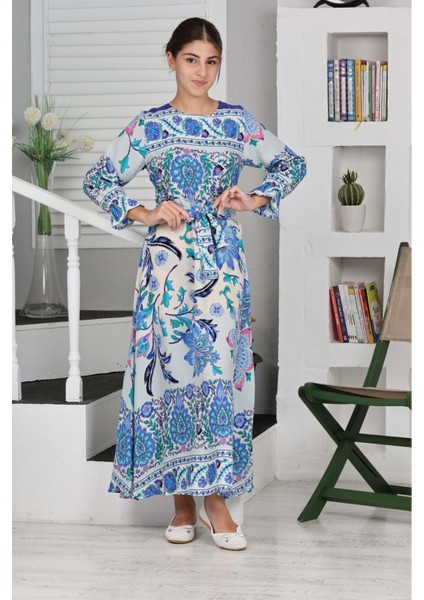 Çocuk Viskon Kumaş Desenli Uzun ELBISE-ELB-0019
