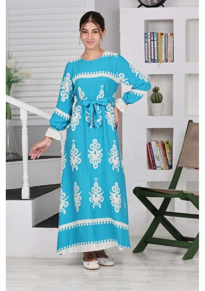 Çocuk Pamuklu Viskon Kumaş Desenli Uzun ELBISE-ELB-0017