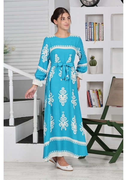 Çocuk Pamuklu Viskon Kumaş Desenli Uzun ELBISE-ELB-0017