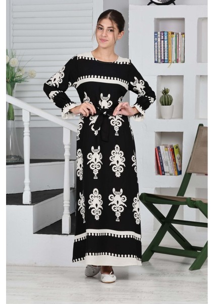 Çocuk Pamuklu Viskon Kumaş Desenli Uzun ELBISE-ELB-0017