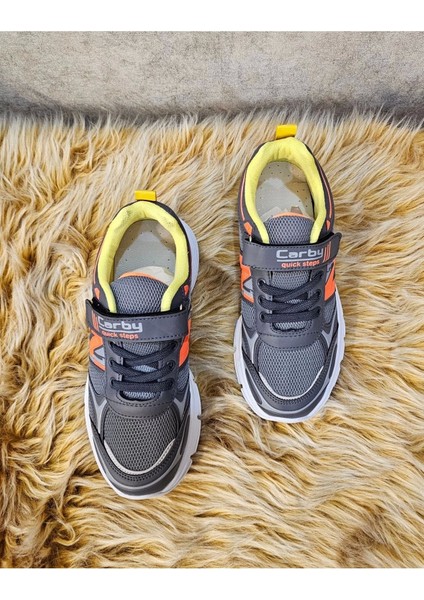 Bağcıklı Unisex Çocuk Spor Ayakkabısı-Gri-Orange-Yeşil fırsatları