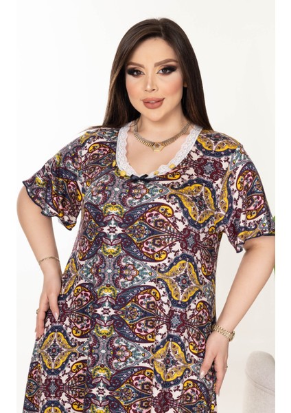 Bambu U Yaka Dantel Detaylı Etek Kol Suffle Overlok Kloş Battal Beden