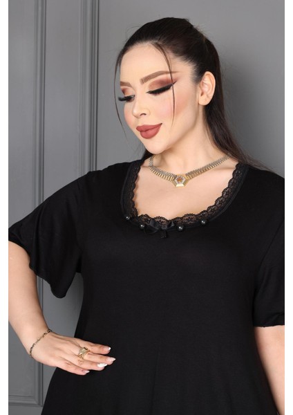 Bambu U Yaka Dantel Detaylı Etek Kol Suffle Overlok Kloş Battal Beden fiyatları