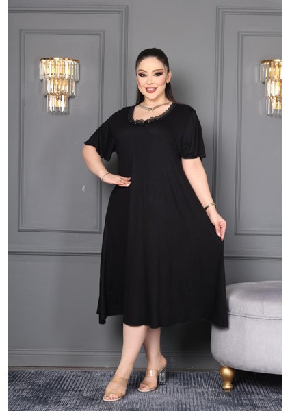 Bambu U Yaka Dantel Detaylı Etek Kol Suffle Overlok Kloş Battal Beden