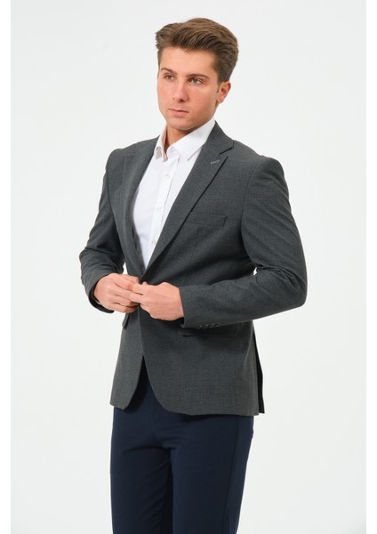 Erkek Slim Fit Likralı Blazer Ceket Antrasit