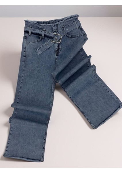 Kız Çocuk Geniş Paça Kot Pantolon - Esnek Belli, 4 Cepli, PAMUK-PNT-0052