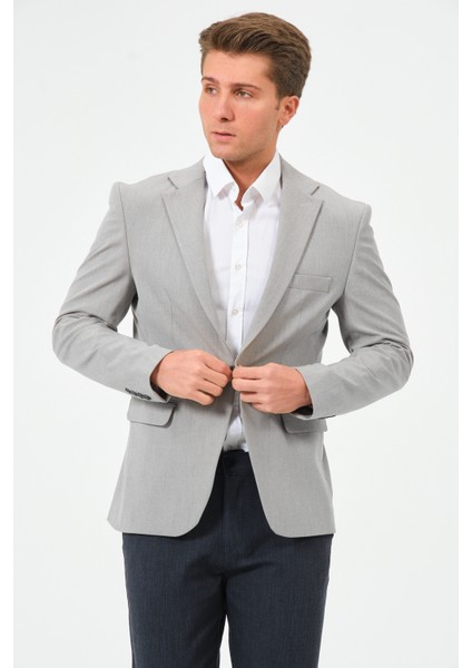 Erkek Slim Fit Likralı Blazer Ceket Açık Gri