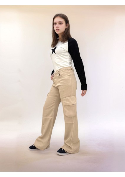 Kız Çocuk Pamuk Gabardin Geniş Paça Kargo Cepli Pantolon - Rahat ve ŞIK-PNT-0047