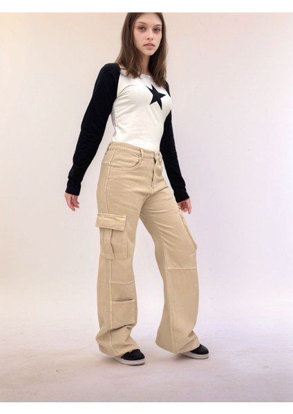 Kız Çocuk Pamuk Gabardin Geniş Paça Kargo Cepli Pantolon - Rahat ve ŞIK-PNT-0047