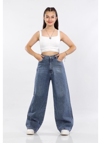 Kız Çocuk %100 Pamuk Baggy Fit Geniş Paça Kot PANTOLON-PNT-0046