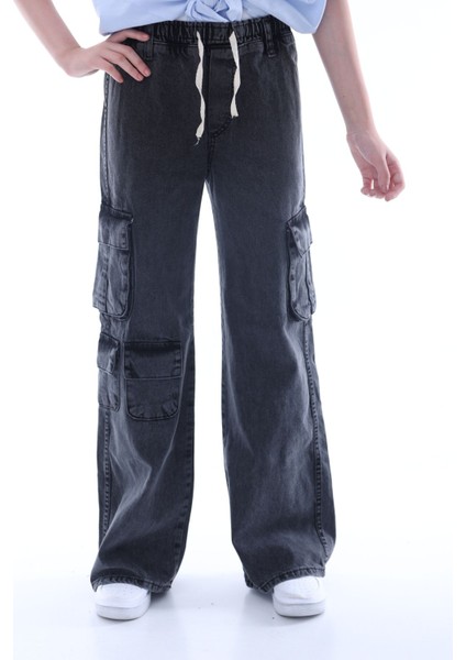 Kız Çocuk Oversize Kargo Cepli Beli Lastikli Pamuk Kot PANTOLON-PNT-0042