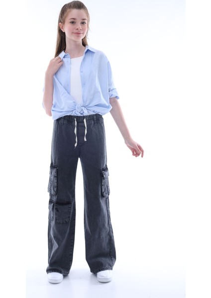 Kız Çocuk Oversize Kargo Cepli Beli Lastikli Pamuk Kot PANTOLON-PNT-0042 fiyatları