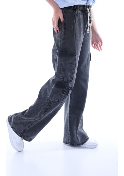 Kız Çocuk Oversize Kargo Cepli Beli Lastikli Pamuk Kot PANTOLON-PNT-0042 modelleri