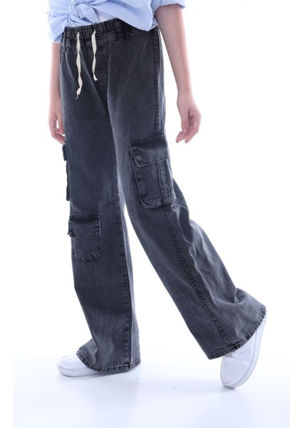 Kız Çocuk Oversize Kargo Cepli Beli Lastikli Pamuk Kot PANTOLON-PNT-0042 fırsatları