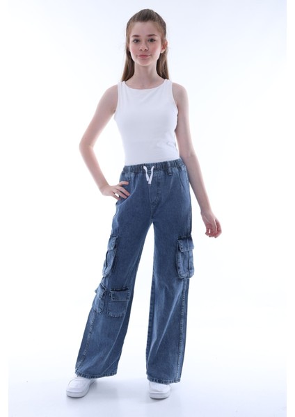 Kız Çocuk Oversize Kargo Cepli Beli Lastikli Pamuk Kot PANTOLON-PNT-0042