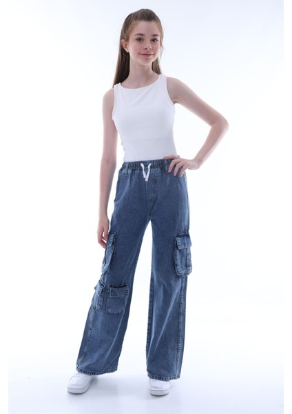 Kız Çocuk Oversize Kargo Cepli Beli Lastikli Pamuk Kot PANTOLON-PNT-0042