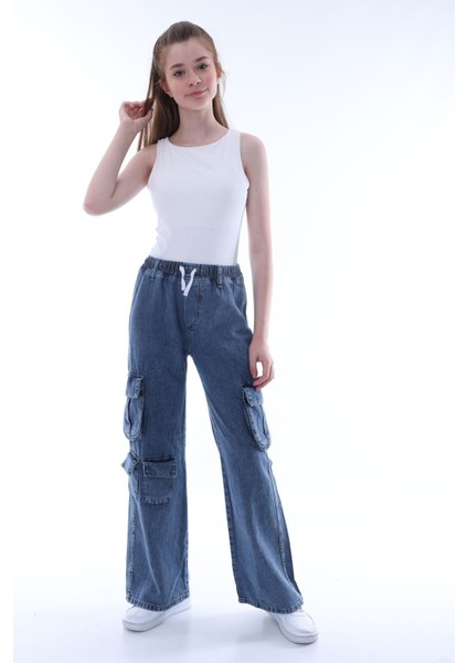 Kız Çocuk Oversize Kargo Cepli Beli Lastikli Pamuk Kot PANTOLON-PNT-0042