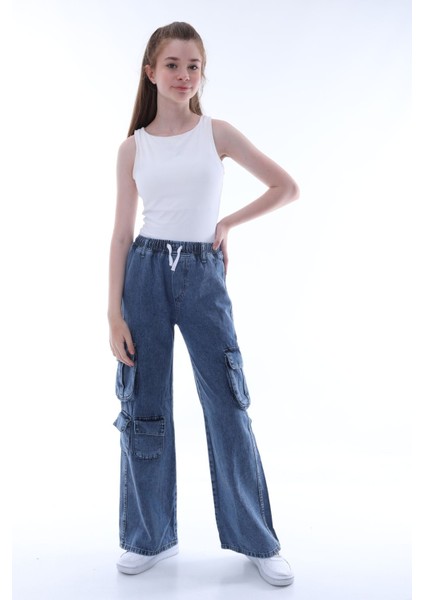 Kız Çocuk Oversize Kargo Cepli Beli Lastikli Pamuk Kot PANTOLON-PNT-0042