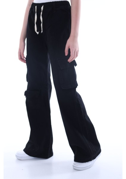 Kız Çocuk Oversize Kargo Cepli Beli Lastikli Pamuk Kot PANTOLON-PNT-0042