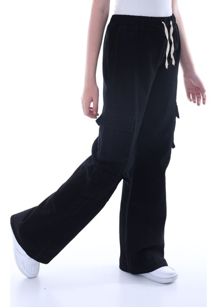 Kız Çocuk Oversize Kargo Cepli Beli Lastikli Pamuk Kot PANTOLON-PNT-0042