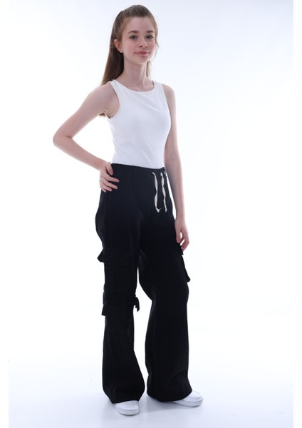 Kız Çocuk Oversize Kargo Cepli Beli Lastikli Pamuk Kot PANTOLON-PNT-0042