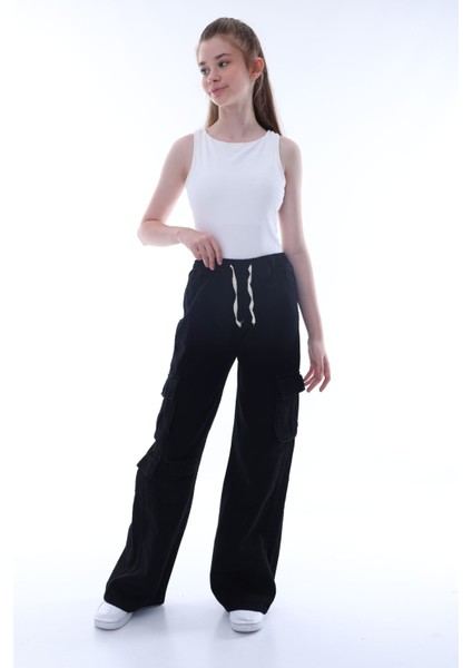 Kız Çocuk Oversize Kargo Cepli Beli Lastikli Pamuk Kot PANTOLON-PNT-0042