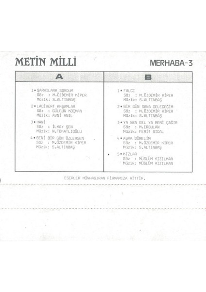 Metin Milli – Merhaba 3 – Kaset fiyatları