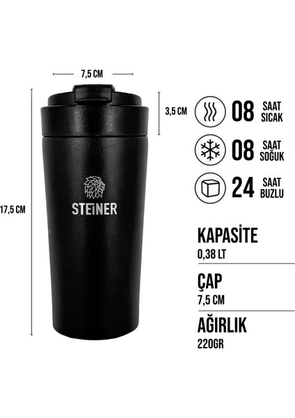 Paslanmaz Çelik Termos 380 ml Mat Siyah Sıcak ve Soğuk Tutma Özellikli Termos