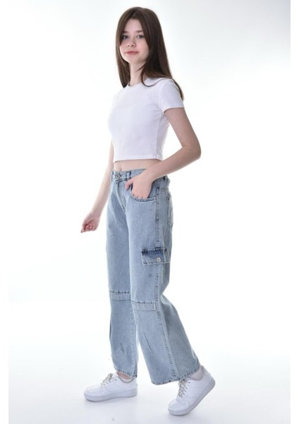 Kız Çocuk Wide Leg Geniş Paça Pamuklu Kot PANTOLON-PNT-0039 modelleri