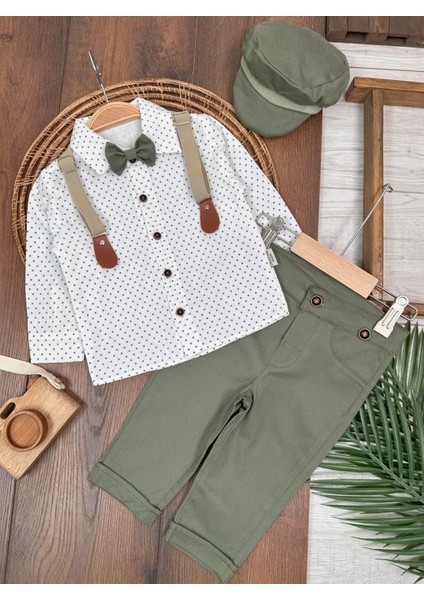 Deluxe Erkek Çocuk Takım 5 Parça Şapkalı Askılı Papyonlu Gömlek ve Likralı Gabardin Pantolunlu Takım