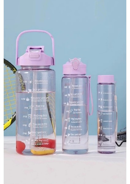 3'lü Motivasyonel Su Matarası Tritan Sporcu Su Şişesi Suluk Stickerlı Pipetli Suluk 2000+900+500ML