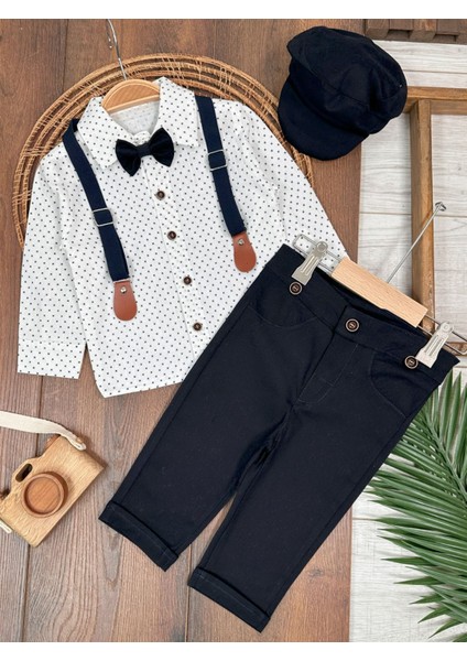 Deluxe Erkek Çocuk Takım 5 Parça Şapkalı Askılı Papyonlu Gömlek ve Likralı Gabardin Pantolunlu Takım