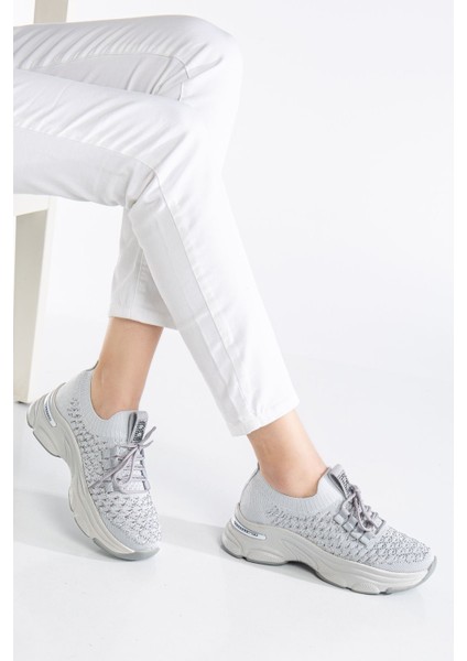 Edwin Gri Triko Bağcıklı Yüksek Topuk Rahat Kalıp Sneaker