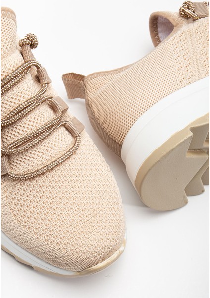 Paris Bej Triko Bağcıklı Taşlı Rahat Kalıp Sneaker