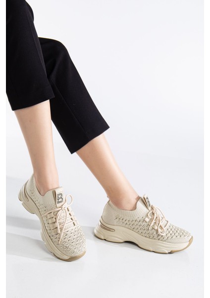 Edwin Bej Triko Bağcıklı Yüksek Topuk Rahat Kalıp Sneaker