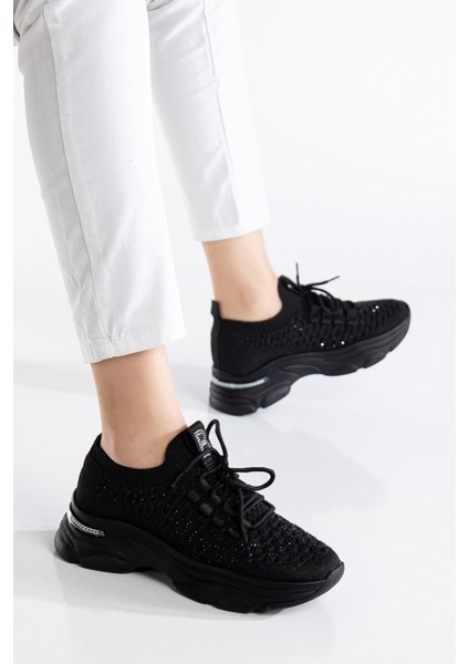 Edwin Siyah Triko Bağcıklı Yüksek Topuk Rahat Kalıp Sneaker