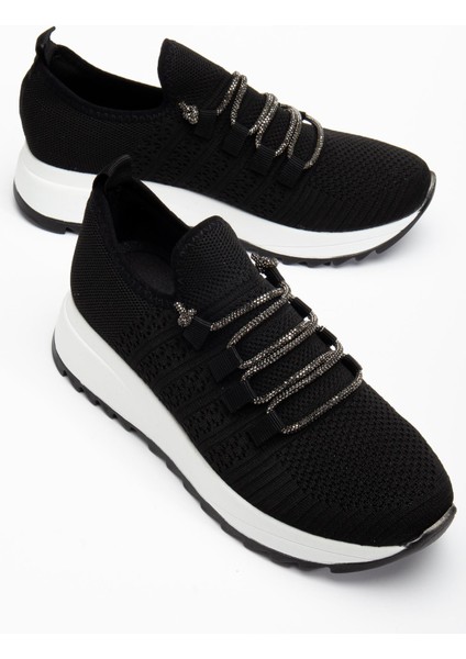 Paris Siyah Triko Bağcıklı Taşlı Rahat Kalıp Sneaker