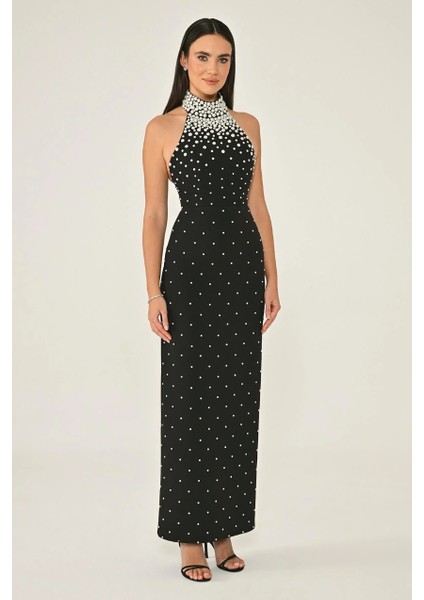 Kadın Abiye Halter Yaka Incili Arkadan Yırtmaçlı Elbise