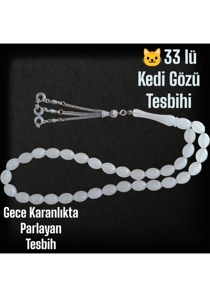 Kedi Gözü Tesbih 33 Lük Erkek Tesbih ( Gece Parlayan Tesbih ) Fosforlu Kedi Gözü Tesbih Türk Bayraklı