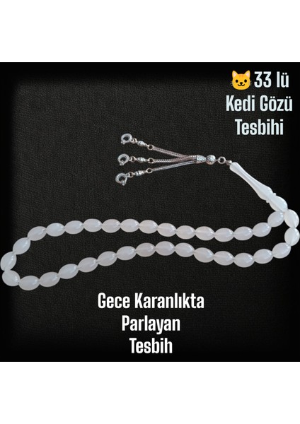 Kedi Gözü Tesbih 33 Lük Erkek Tesbih ( Gece Parlayan Tesbih ) Fosforlu Kedi Gözü Tesbih Türk Bayraklı