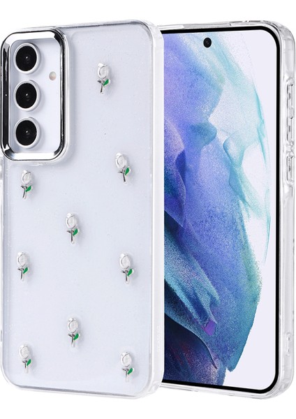 Samsung Galaxy A55 Kılıf Simli Kamera Çerçveli ve Mini Figür Desenli Ultra Koruma Sağlayan Kutup Sert Silikon Kapak