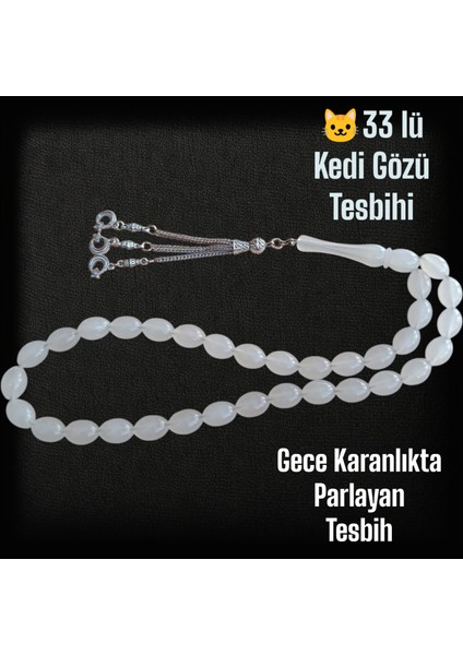 Kedi Gözü Tesbih 33 Lük Erkek Tesbih ( Gece Parlayan Tesbih ) Fosforlu Kedi Gözü Tesbih Türk Bayraklı