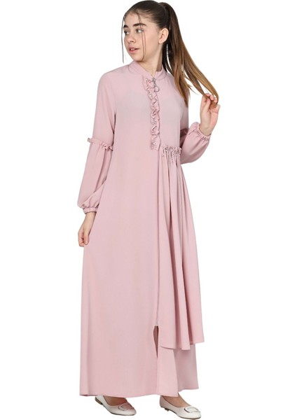 Kız Çocuk Uzun Kristal Krep Tesettür Ferace ELBISE-FRC-0003