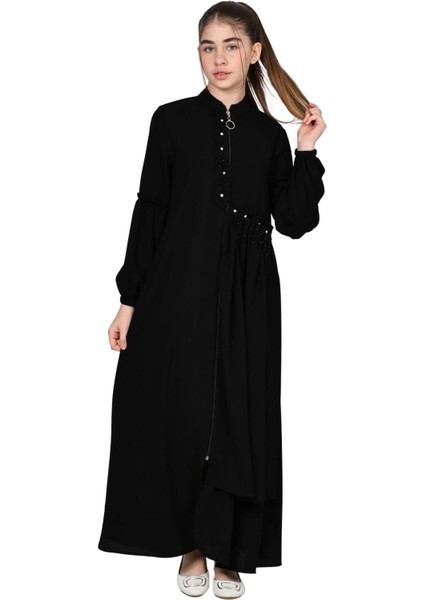 Kız Çocuk Uzun Kristal Krep Tesettür Ferace ELBISE-FRC-0003