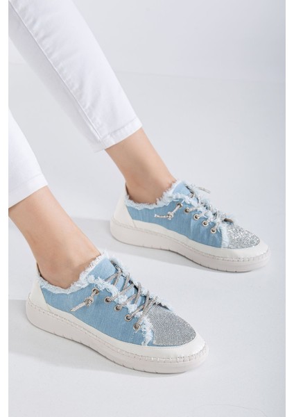 Neva Taşlı Düz Taban Kadın Bebe Mavisi Kot Sneakers