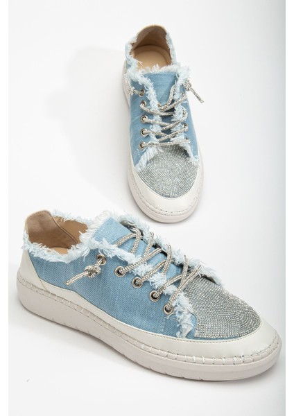 Neva Taşlı Düz Taban Kadın Bebe Mavisi Kot Sneakers